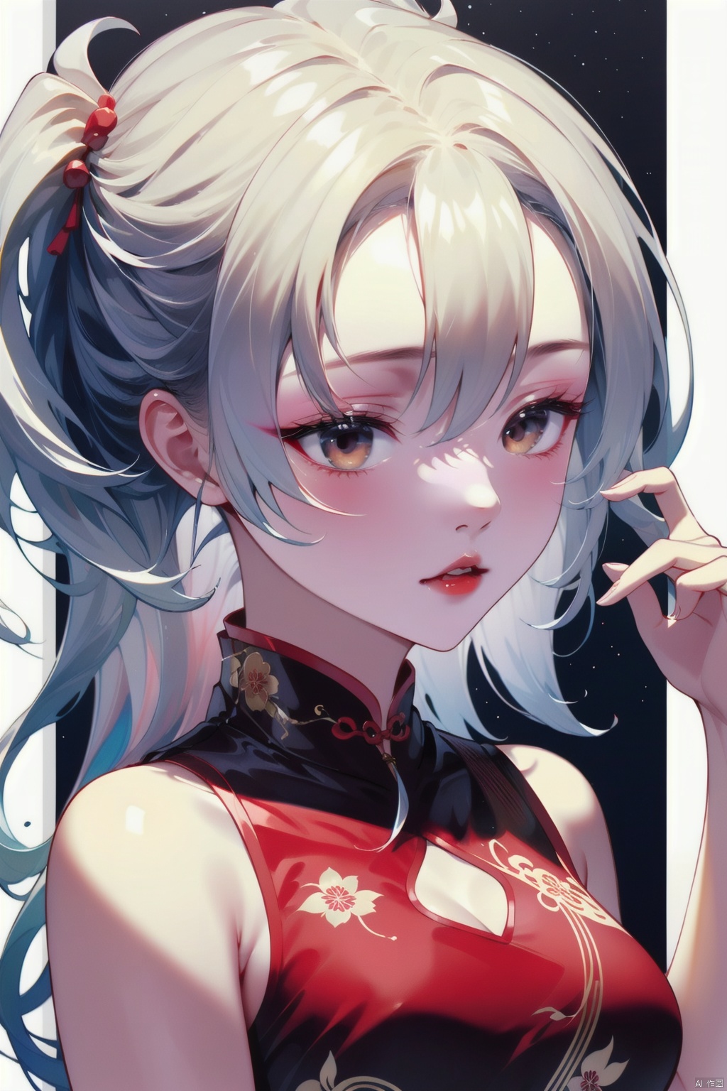 anancq,a girl,red cheongsam,white hair, Liuli