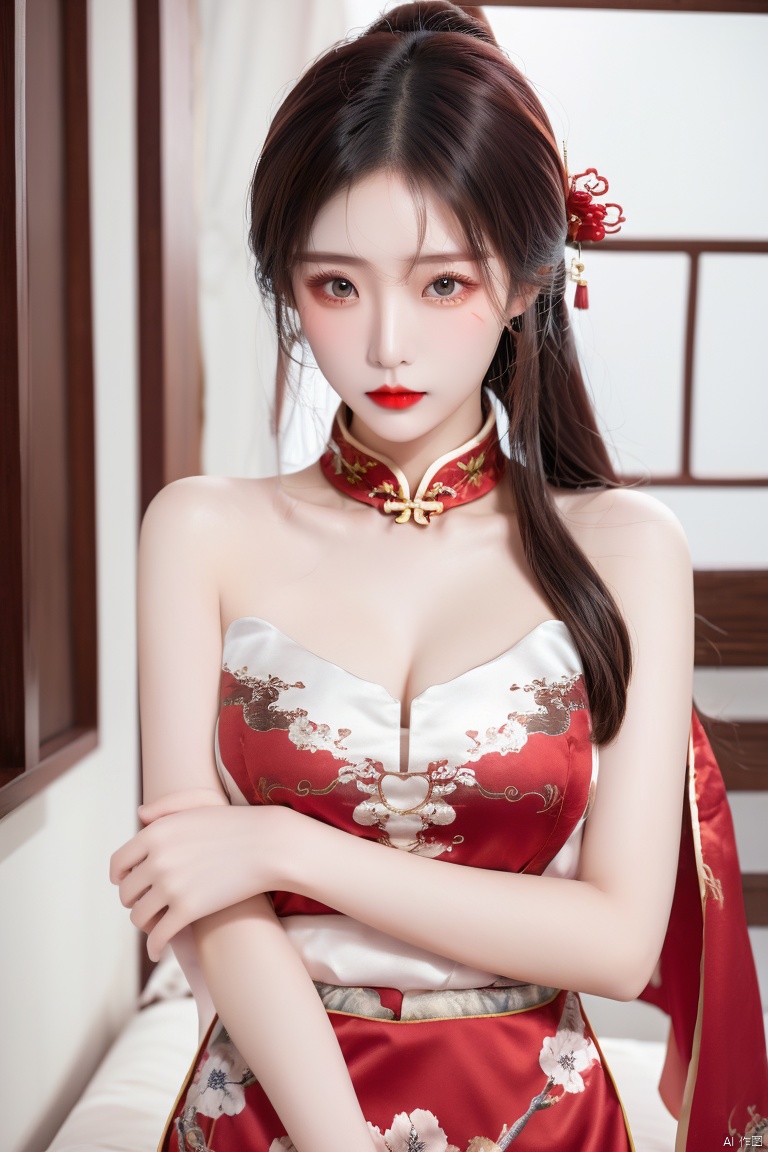 a girl,upper body, linkedress,red dress,Hanfu, China clothing,Looking the viewers,and sit down.Forehead mark,Red lips,  realistic, Bare shoulders, plump breasts, cleavage, depth of field