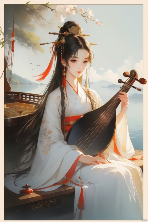 1girl, solo, black hair, long sleeves, 1boy, hat, sitting, japanese clothes, tree, border, chinese instrument, music, watercraft, playing instrument, boat, Best quality, Arien view, jijianchahua,masterpiece