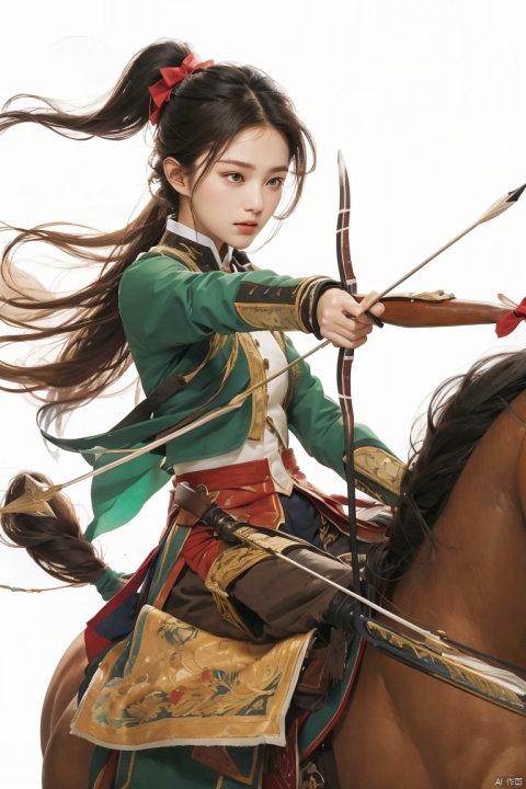  solo, long hair, long sleeves, 1boy, white background, holding, ponytail, weapon, male focus, holding weapon, headband, outstretched arm, bow \(weapon\), arrow \(projectile\), riding, layered sleeves, short over long sleeves, horse, holding bow \(weapon\), quiver, aiming, holding arrow, horseback riding, drawing bow, archery, illustration,