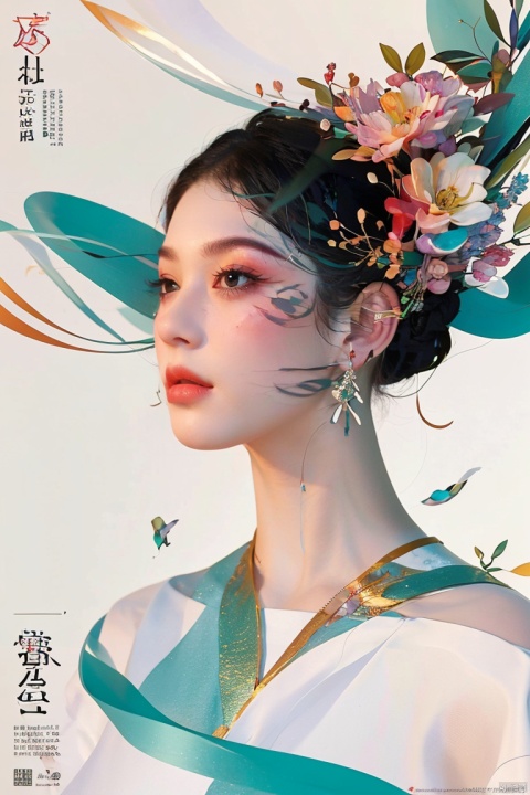  1girl, solo, black hair, short hair, jewelry, realistic, earrings, hair ornament, black eyes, lips, collarbone, parted lips, flower, watermark, upper body, portrait, hair flower, dress, web address, looking awayirt, illustration,, illustration, bpwc, art shuicai