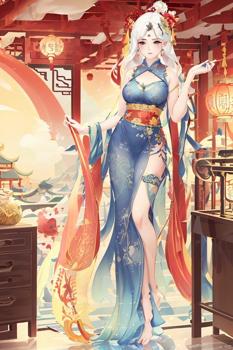  A girl, full-body photo, indoor, Hanfu, long hair fluttering, classical beauty, Chinese style.,Long legs,Show long legs,Golden Hanfu, bright and shining,((white hair)),((Bare legs)),((barefoot)),((Solid color background)),Xiangyun, China Cloud, Ink scattering_Chinese style, painting