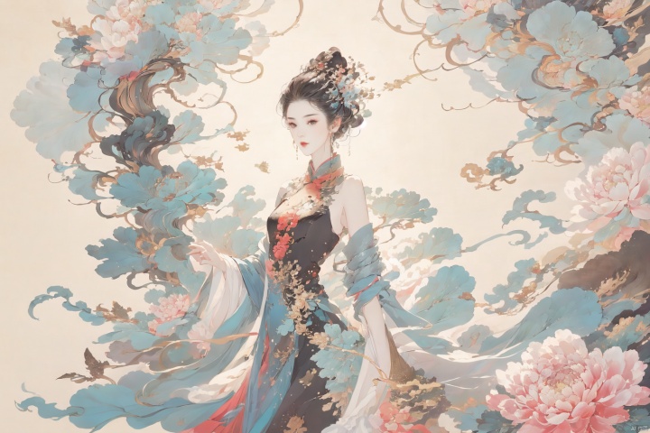 ((4k,masterpiece,best quality)), shuimobysim, traditional chinese ink painting, lotus, solo, blake hair, long hair, fox ears,look at viewer, dress,ruhua,chinese clothes,closed mouth,Mountains, trees, forests, mountains, running water, 1 girl ,solo,yuechan ,bare shoulders,jewelry, eyelashes,eyeshadow,（mole , mole under eye:1.2),ruhua,Umbrella, open umbrella, open umbrella, paper umbrella, painting, art painting , photo