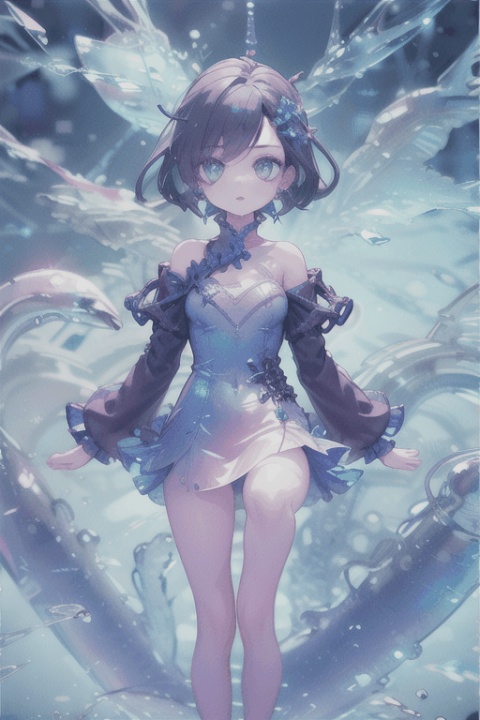  (1girl:1),Bangs,off shoulder,black hair,blue dress,blue eyes,earrings,dress,earrings,floating hair,jewelry,sleeveless,short hair,Looking at the observer,parted lips,pierced,energy,electricity,magic, 3D