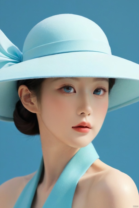  an illustration of a woman in a blue hat, in the style of light sky-blue and aquamarine, Close-up, Half-body, Minimalist design, classic japanese simplicity, delicate curves, colorful moebius, 32k uhd, Bloom_The girl in the flower,bailing_matte