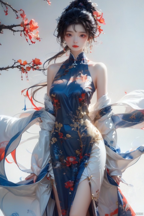  best quality, masterpiece, ultra high res,1girl, gigantic_breasts, looking at viewer,(see-through dress),bare shoulders,dress,qi pao,ancient Chinese street ,Chinese dress,, yosshi film, standing, one girls, chinese_clothes, Chinese costume, street, smiling, holding_wood_box , ganyu (genshin impact), 1girl, photography, anancq