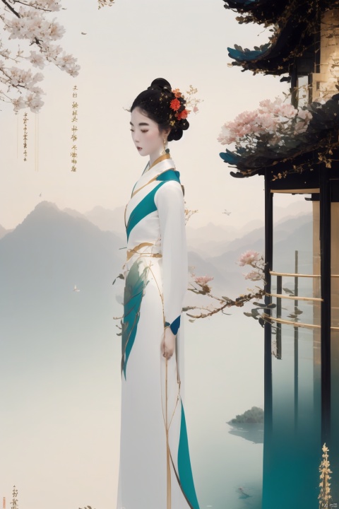 1girl, solo, long hair, black hair, hair ornament, long sleeves, holding, standing, full body, flower, outdoors, water, hair bun, sash, bird, chinese clothes, mountain, architecture, east asian architecture, crane \(animal\)