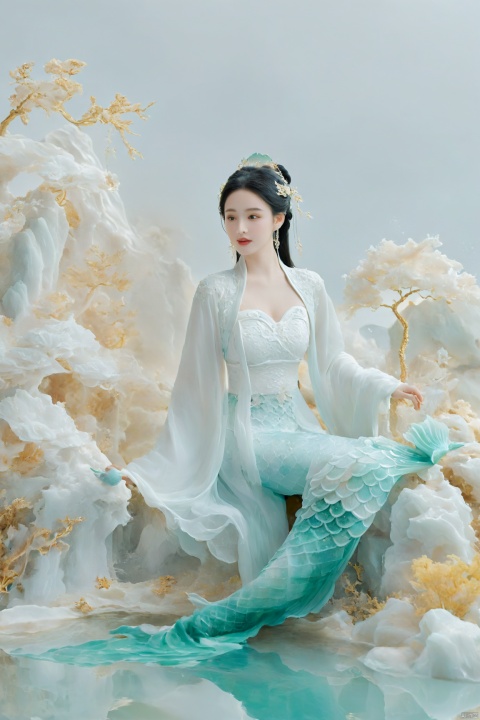  arien_hanfu, mermaid,east dragon,pure white theme,deep in the water,sea,under sea,30 yo lady,large_breasts, guohua, HUBG_Chinese_Jade, Relief style, daxiushan