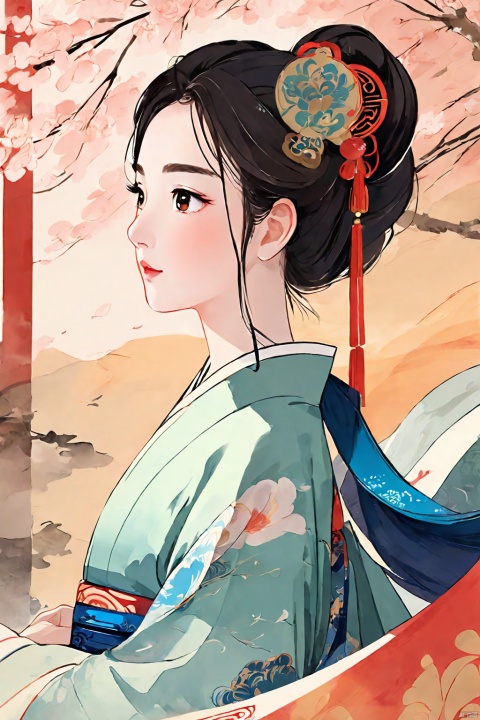  technique, The screen adopts the style of the Song Dynasty in China, The screen apply elements related to the Song Dynasty in China, Chinese style light watercolor, low angle shooting, 1girl, solo, painting, hanfu, HUBG_CN_illustration,moyou, Asian girl, , chinese paiting, jijianchahua, guoflinke, 3d