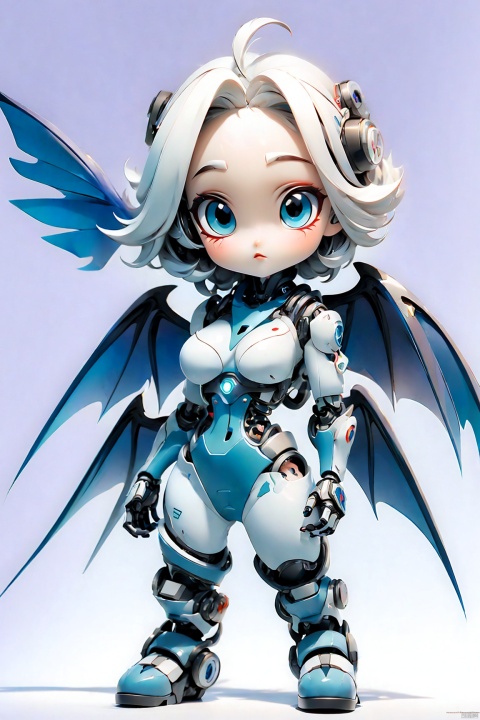  robot girl, 1girl, solo, wings,mecha musume, mechanical wings, white hair, full body, looking at viewer, heterochromia, science fiction,breasts, blue eyes, robot joints, bodysuit, joints, feathered wings, medium breasts, closed mouth, white background, standing, android, jijia, Liuli