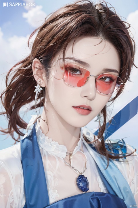  bold sapphire red colored paper art illustration, forward facing fashion portrait of beautiful woman wearin futuristic oversized LOEWE sunglasses by Zhang Jingna with amazing background, ultra sharp, detailed, 8k, anime, artistic, rgb, platinum,