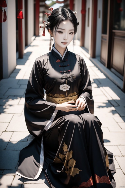  1girl, solo, black hair, sitting, chinese clothes, monster girl, chinese text, hanfu, light