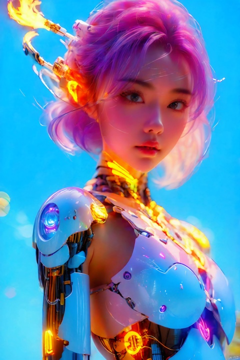  1girl,glowing,cyborg, energy,fire,magic,light, sky 3d,rotbot