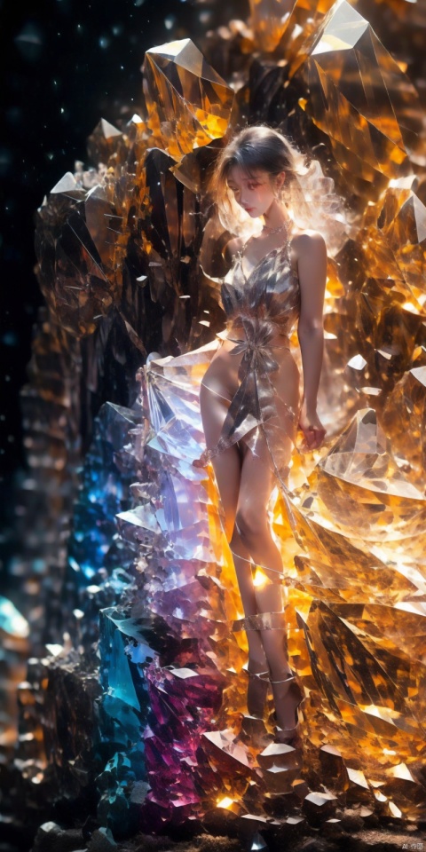 A girl wears a crystal skirt, crystal high heels, a crystal necklace, silver hair, a high nose bridge, a tall figure, and a small waist.
broken glass, fragmentation, crystal, glowing