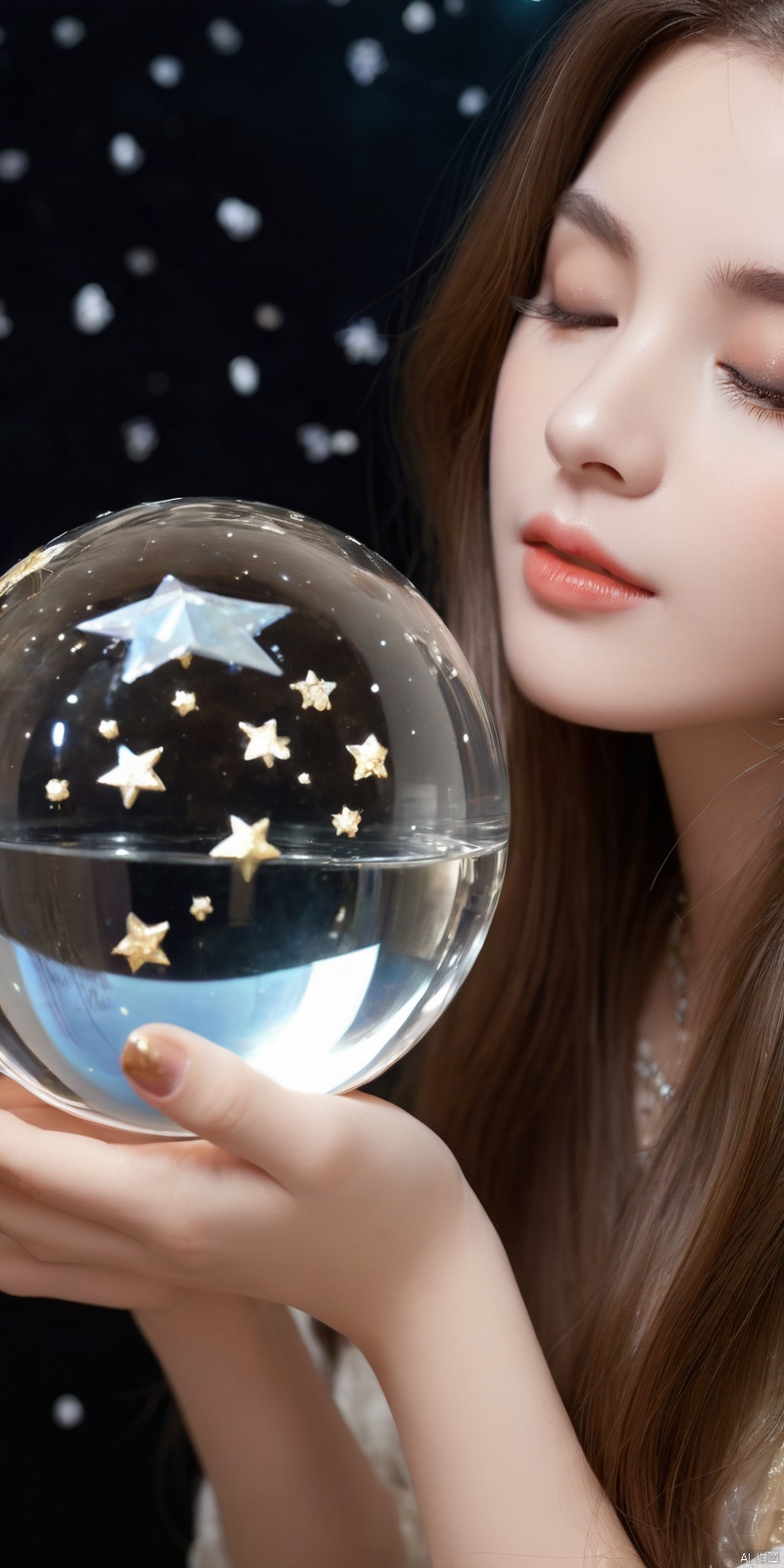 Beautiful girl with long brown hair, flying stars, long eyelashes, eyes closed, holding a crystal ball in her hands, landscape painting, 3D, , 3d