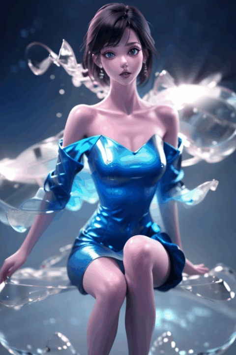  (1girl:1),Bangs,off shoulder,black hair,blue dress,blue eyes,earrings,dress,earrings,floating hair,jewelry,sleeveless,short hair,Looking at the observer,parted lips,pierced,energy,electricity,magic, 3D