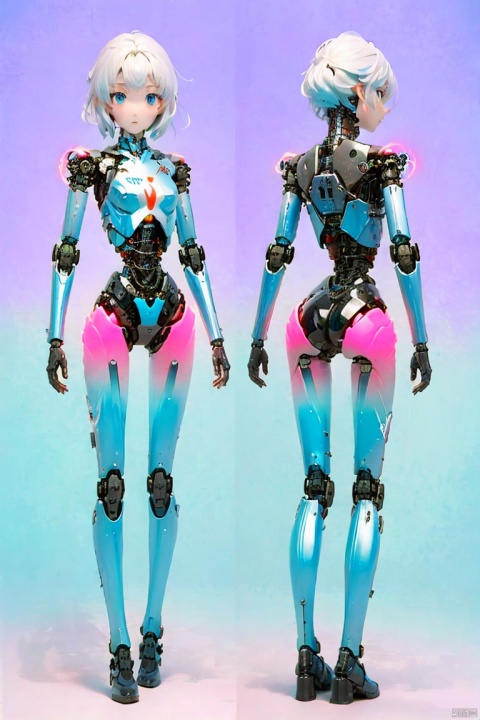  1girl, solo, looking at viewer, short hair, bangs, blue eyes, closed mouth, white hair, wings, glowing, expressionless, robot, science fiction, android, mecha musume, joints, straight-on, robot joints, mechanical parts, spine, hologram, 3D, three views