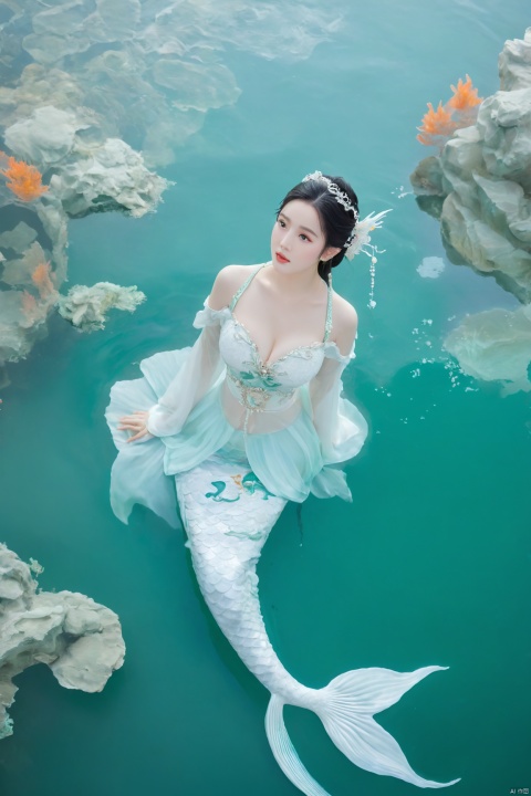  arien_hanfu, mermaid,east dragon,pure white theme,deep in the water,sea,under sea,30 yo lady,large_breasts, guohua, HUBG_Chinese_Jade, Relief style, daxiushan