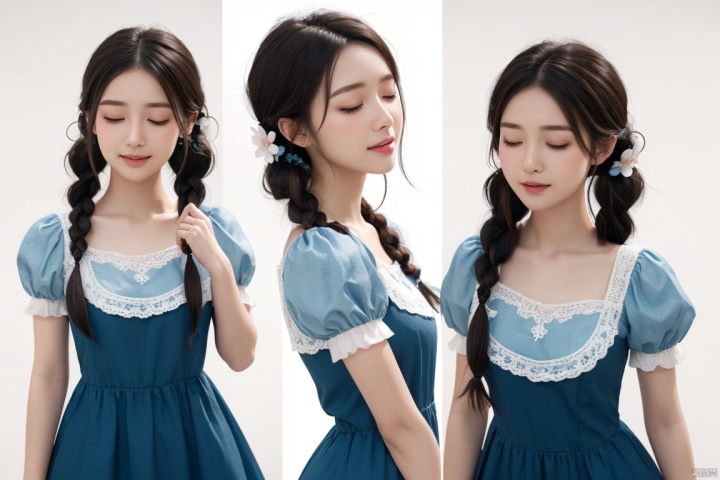  1girl, long hair, looking at viewer, blush, open mouth, brown hair, black hair, hair ornament, white background, dress, twintails, closed eyes, braid, flower, short sleeves, heart, puffy sleeves, hair flower, black eyes, twin braids, puffy short sleeves, three views, blue dress, expressions, erciyuan girl, 3D