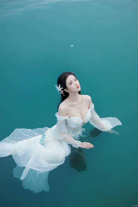  arien_hanfu, mermaid,east dragon,pure white theme,deep in the water,sea,under sea,30 yo lady,large_breasts, guohua