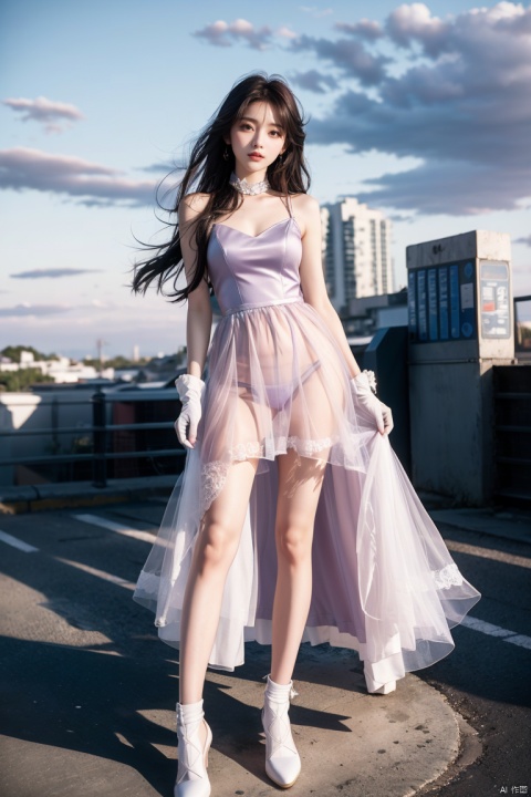 1girl, bare_shoulders, dress,gloves,  long_hair,  purple_sky, sun   sleeveless, solo, space, standing,   pink__long_dress, white_footwear, white_gloves, white_legwear,（very_long_legs）, linkedress_red dress