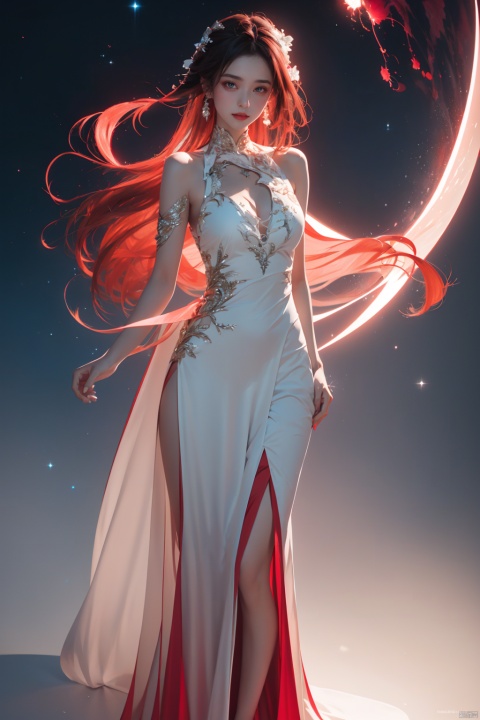  Best quality, masterpiece, photorealistic, 32K uhd, official Art,
1girl, dofas, solo, dofas, , mugglelight, puregirl, illustration, master work, high definition, ultra clear, fashionable and exquisite red ultra-thin evening dress, red and white gradient, Nebula background, Arien view, photography