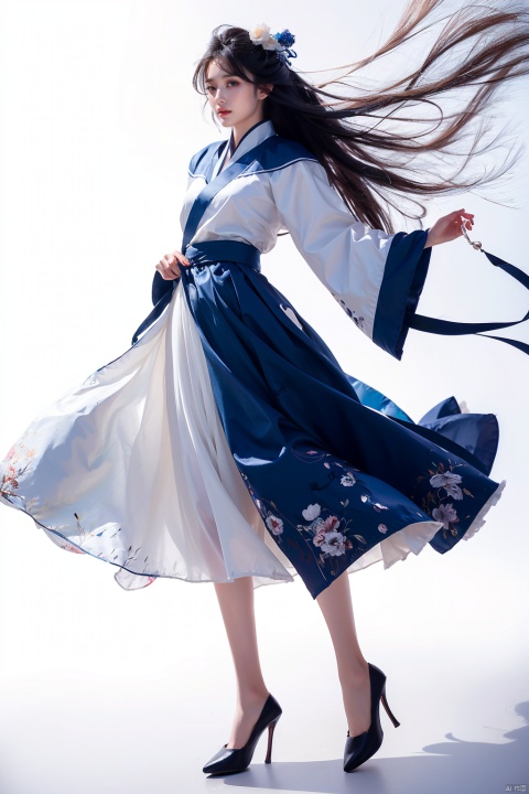  Petal skirt ,1girl, long skirt, beautiful, elegant, skirt flying in the wind, long hair, high quality, high definition, ribbon, hanfu,gongbi painting, guoflinke, 1girl, Arien view, illustration,