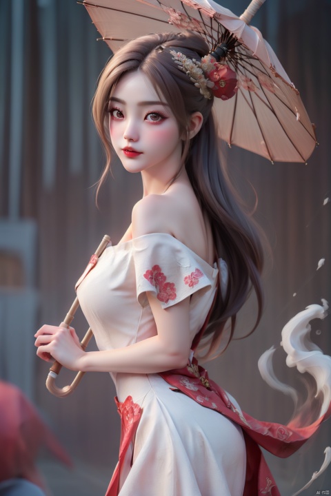  ziruyuxia, 1girl, solo, chinese text, oil-paper umbrella, hair ornament, chinese clothes, realistic, brown hair, holding umbrella, makeup, looking at viewer,Off Shoulder,(((cinematic lighting, motion blur, motion lines))), (volume fog), solo,(moody lighting),