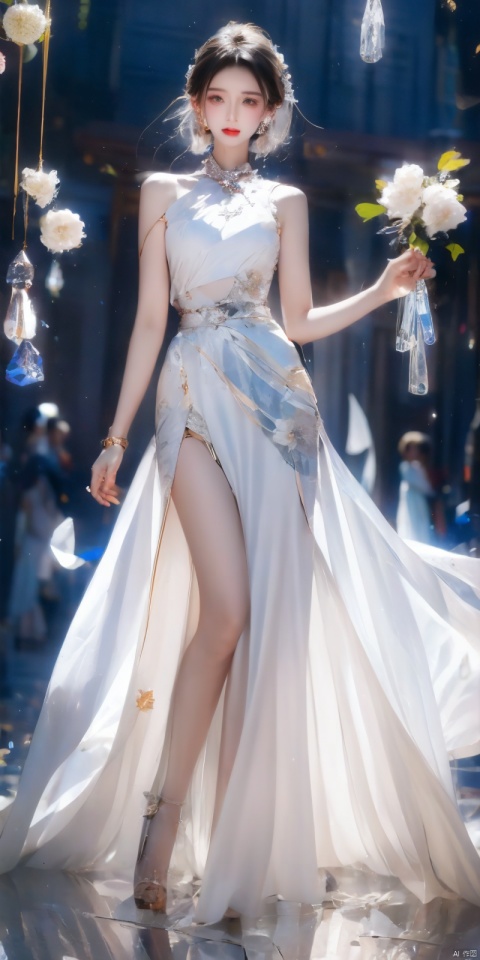 A girl wears a crystal skirt, crystal high heels, a crystal necklace, silver hair, a high nose bridge, a tall figure, and a small waist.
broken glass, fragmentation
