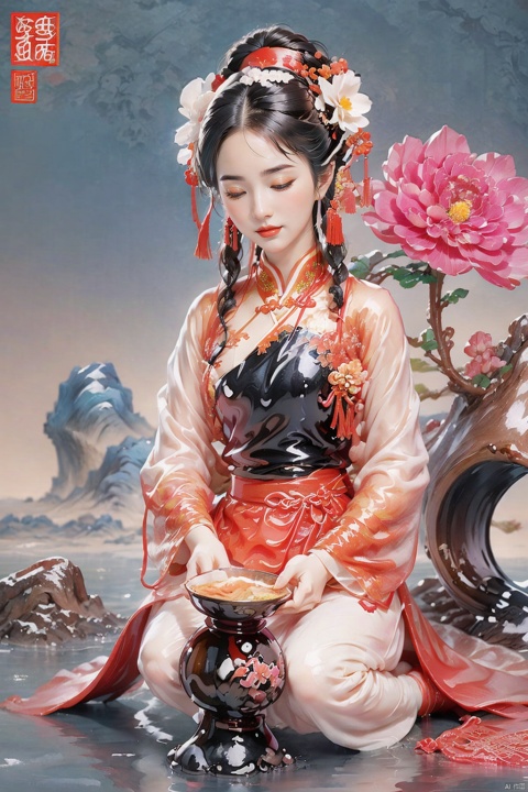 1girl, solo, blush, black hair, hair ornament, long sleeves, holding, sitting, closed eyes, flower, food, hair flower, cup, chinese clothes, seiza, chinese text, hanfu, 