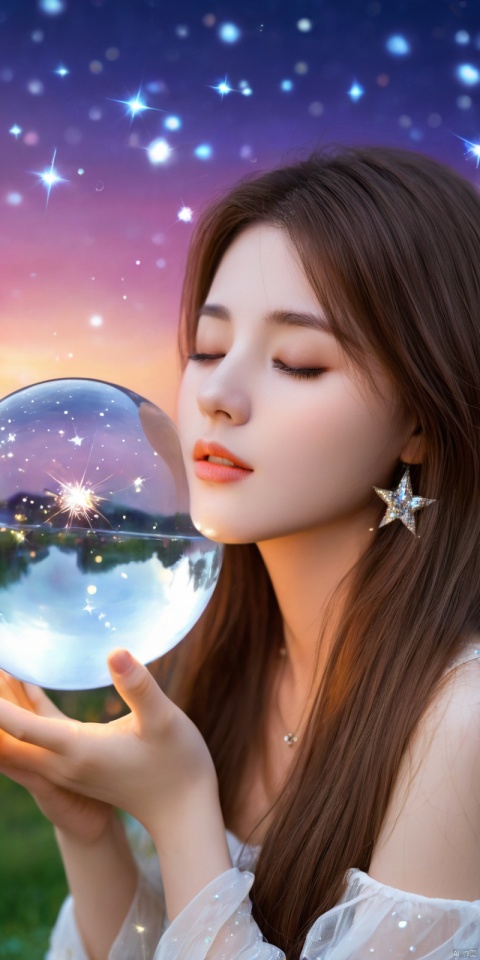 Beautiful girl with long brown hair, flying stars, long eyelashes, eyes closed, holding a crystal ball in her hands, landscape painting, 3D, , 3d