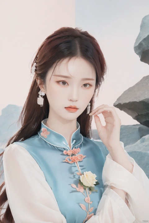 1 girl (Eyes\(dark amber, crystal clear, long eyelashes\), nose\(raised, nose tip slightly upturned), lips (Rose color, lip line clear), hairstyle Black hair, smooth and shiny, hair accessories, slightly wavy hair tips, cloth （Chinese dress,Wide sleeved,long sleeved,sleeves extending outside fingers））,(Standing on the hill, hands hanging at sides): 1.5,Background\(Waterfall): 1.5, Sky, Stone Bridge\) Ultra fine, extremely delicate and beautiful (by fine color blocks), Masterpiece, Best quality, Unreal Engine 5 rendering, Cinemight, Cinematography Lens, Cinematography Effects, Detailed details,