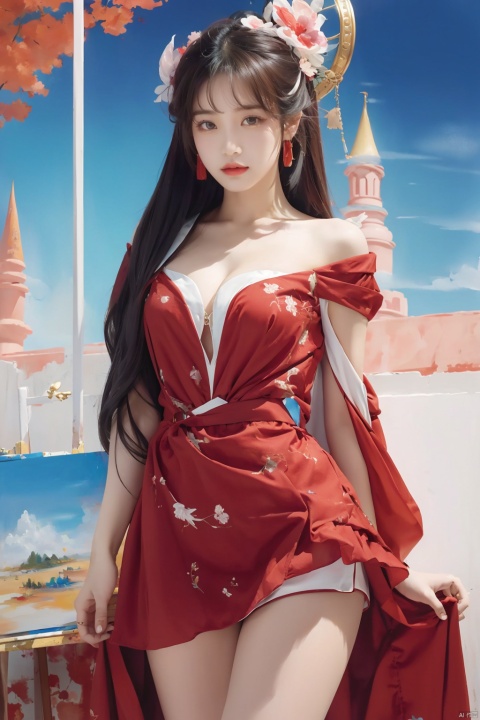  red chianese dress,illustration,,Cleavage,gufeng, paopaoma,looking at viewer,(Thighs),hair ornament, art painting, painting, sky 