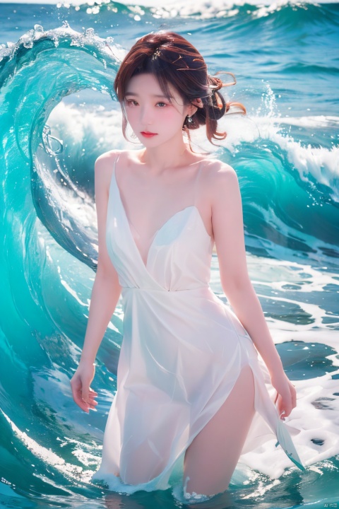  Masterpiece, of extremely high quality,1girl, standing, face, eye_pen, teardrops, red_heme, double tailed, half length photo, close-up, collarbone, shoulder exposed, dress (frozen seawater waves, bright colors of waves), yunqing, 1girl