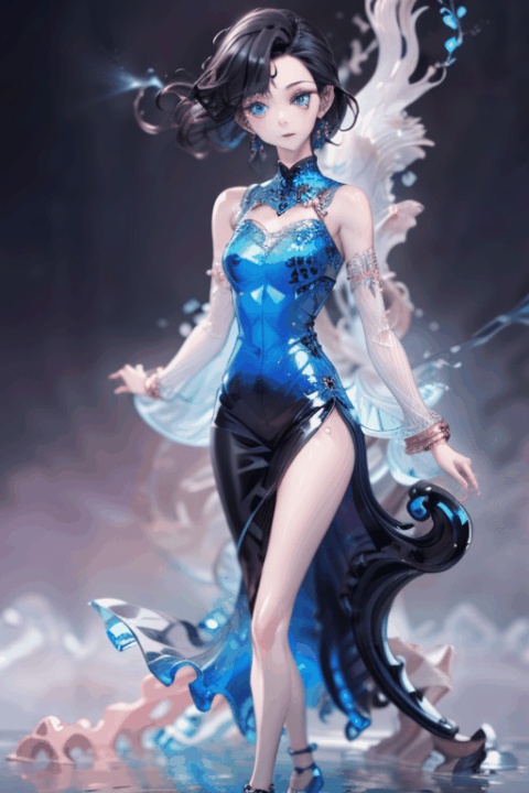  (1girl:1),Bangs,black hair,water dress,blue eyes,earrings,dress,earrings,floating hair,jewelry,sleeveless,short hair,Looking at the observer,parted lips,pierced,energy,electricity,magic, 3D, ( figma:0.8)