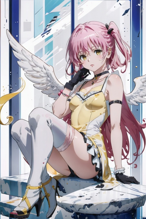  1girl, solo, kaname madoka, wings, pink hair, ultimate madoka, long hair, dress, gloves, thighhighs, yellow eyes, white dress, white gloves, star \(sky\), two side up, white footwear, winged footwear, high heels, white thighhighs, sky, starry sky, very long hair, breasts, looking at viewer, small breasts, frills, bow, choker, closed mouth, frilled dress, feathered wings, soul gem, ribbon, hair bow, full body, giantess, Liuli