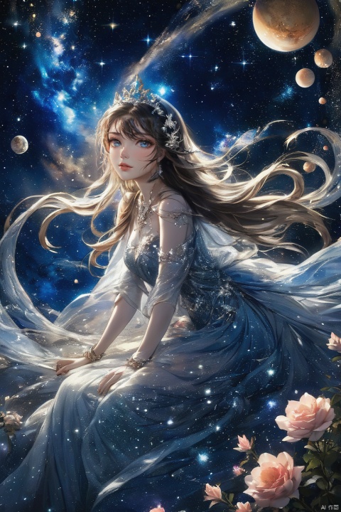  1 girl, adrift in a sea of stars, clad in a shimmering dress that mirrors the cosmos, crowned with a tiara of twinkling constellations, delicate bracelets of stardust encircling her wrists, her eyes reflecting the vastness of space, floating amidst nebula clouds, planets visible in the distance, comet tail streaking by, celestial beings watching over her, a sense of wonder and exploration, serene and peaceful, otherworldly beauty., hubg_jsnh, yyy,ccc, Hyperdetailed Photography, glow, ((poakl)), g011, bailing_ice_sculpture, flowers shadow,photo, bailing_light element