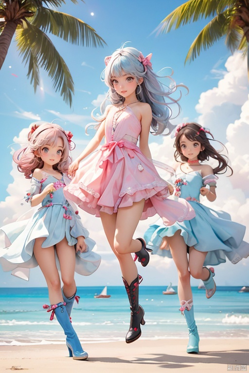  3+ girls, multiple colored hairs, random cute faces, group shot, zoom camera, (expression:1.0), (dynamic_pose:1.2), (action_pose:1.2), (action:1.0), (distance shot:1.5), (full_body:1.2), (full body:1.2),Beach, coconut trees,,(smile:1.0),dress,long_legs, high heels, loli, kneehigh_boots, thighhigh_boots, coconut IP, 3D, three views