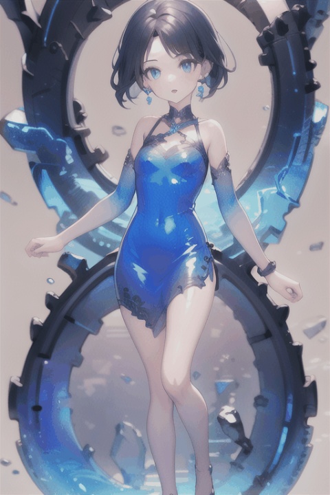  (1girl:1),Bangs,off shoulder,black hair,blue dress,blue eyes,earrings,dress,earrings,floating hair,jewelry,sleeveless,short hair,Looking at the observer,parted lips,pierced,energy,electricity,magic, 3D