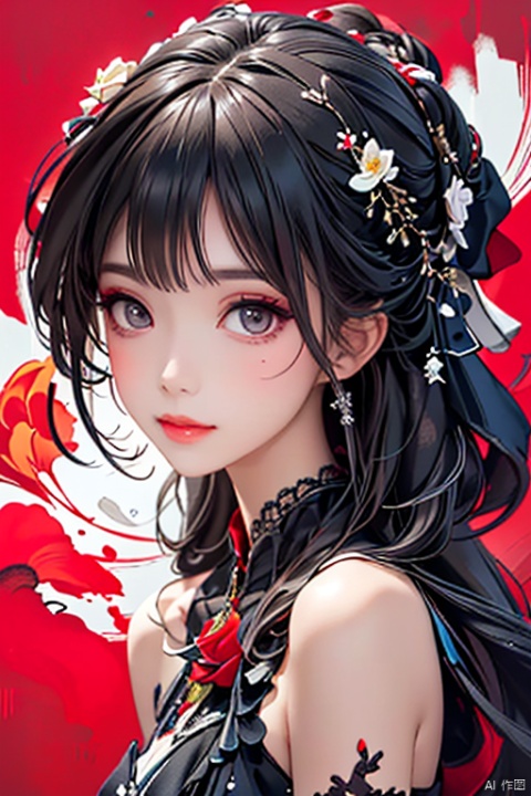  Main clip, Close up portrait, Close up, 1 girl, red background,((black hair)),((smooth hair)),, dress made with red roses, emotional face, Close up, studio light, studio,(makeup portrait, black eyes, red eye shadow)),( jy, 1girl, MAJICMIX STYLE, art painting , painting, illustration, (masterpiece, illustration,, art shuicai, photography