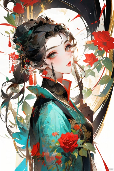 Best quality,masterpiece,1 girl,beautiful face,eyebrows,through hair,roses,clothes, vector illustration, jijianchahua, Chinese style