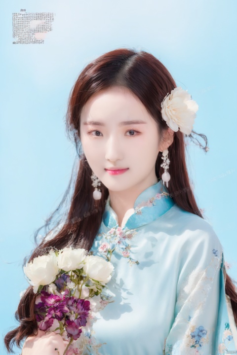  Chinese classical beauty, Chinese dress, delicate face, soft, big eyes, smile, wind blowing long hair, flower, white dove, black with light blue hair color, holding a bunch of flowers in hand, Qin Dynasty Han dress, simple color, classicism, white background, facing the camera, Chinese style, high detail, master work, delicate facial features, perfect face, depth of field, Tindal effect, contour light, natural light, film grade light, hanfu, A girl, wmchahua, traditional chinese ink painting