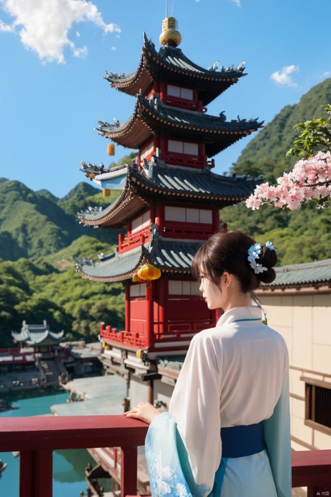 long hair, multiple girls, black hair, hair ornament, long sleeves, 2girls, twintails, upper body, sidelocks, outdoors, sky, day, cloud, hand up, hair bun, from behind, blue sky, petals, chinese clothes, single hair bun, cloudy sky, building, scenery, lantern, mountain, railing, facing away, architecture, east asian architecture, pagoda