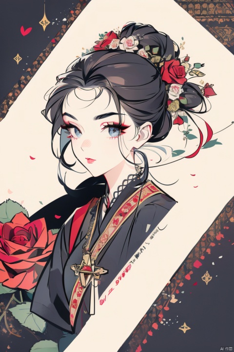 Best quality,masterpiece,1 girl,beautiful face,eyebrows,through hair,roses,clothes, vector illustration, jijianchahua