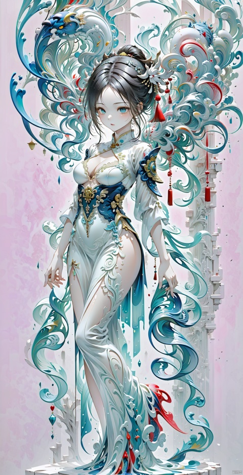  By ross tran, artgerm, 1girl, full body,Persian girl, exquisite facial features, Long legs, long legs, royal elder sister, Gao Lengfan,dark blue eyes, Lolita, chibi, fluorescent, blue light, purple light, front, 16k, high quality, blue lightning, glowing hair, floating hair, underwater creatures, glowing jellyfish, bubbles, peacock feathers, fantasy illustrations, camera watching, complex background, line art., drakan_longdress_dragon crown_headdress, Ink scattering_Chinese style, Liuli