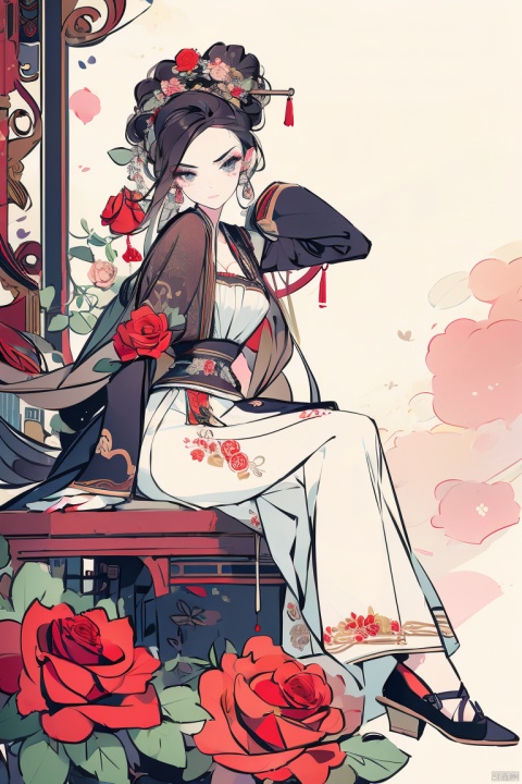 Best quality,masterpiece,1 girl,beautiful face,eyebrows,through hair,roses,clothes,sitting, vector illustration, jijianchahua