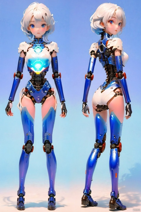  1girl, solo, looking at viewer, short hair, bangs, blue eyes, closed mouth, white hair, wings, glowing, expressionless, robot, science fiction, android, mecha musume, joints, straight-on, robot joints, mechanical parts, spine, hologram, 3D, three views