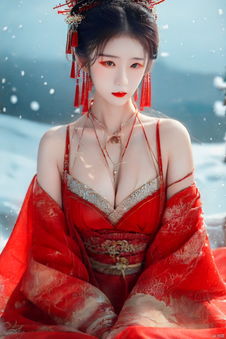  a girl,upper body, linkedress,red dress,Hanfu, China clothing,Looking the viewers,and sit down.Forehead mark,Red lips, snow, realistic, Bare shoulders, plump breasts, cleavage, Liuli, depth of field