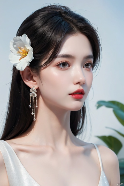  1girl, solo, black hair, short hair, jewelry, realistic, earrings, hair ornament, black eyes, lips, collarbone, parted lips, flower, watermark, upper body, portrait, hair flower, dress, web address, looking awayirt, illustration,, illustration, three views