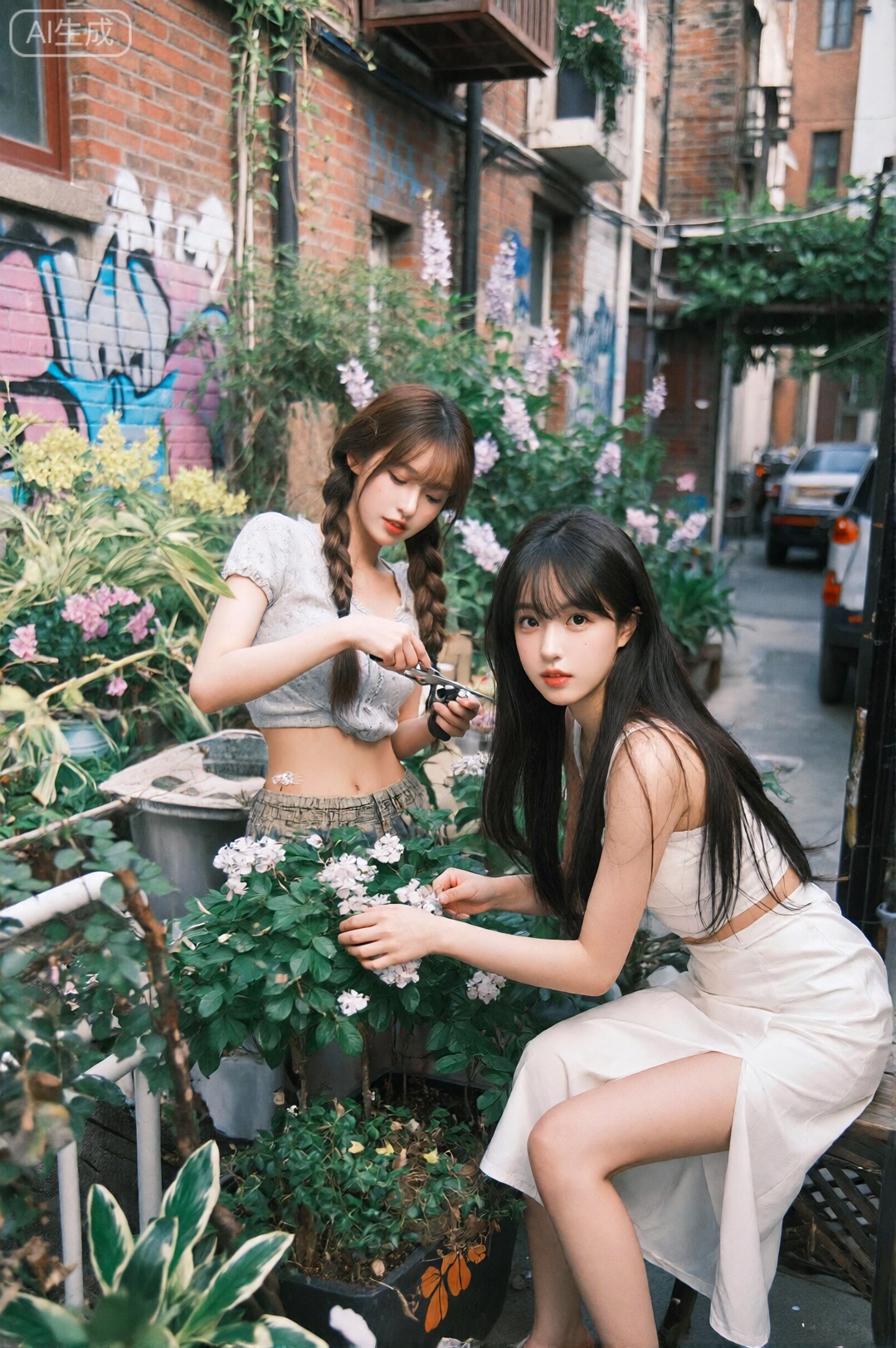 masterpiece, best quality, hyper-realistic photo, 东亚美少女, UHD, 画面捕捉了一个充满生命力与叙事感的生活瞬间。伦敦红砖巷充满艺术气息的涂鸦墙上,无数绿植与鲜花如瀑布般倾泻而下,构筑成一座垂直的空中花园。在前景的悬挑露台上,两位东亚少女正在细心地打理这些植物。一位扎着鱼骨辫的少女身穿高腰的露脐短上衣,随着她修剪枝条的动作,她那纤细的腰肢在阳光下熠熠生辉,展现出极高的视觉焦点。另一位少女留着整齐的齐刘海长直发,清新的妆容在午后的散射光下显得格外纯净。她身穿一件高开叉的白色丝绸裙,正蹲下身子整理脚边的花盆,那一双笔直纤细的长腿在绿植的掩映中若隐若现。午后明亮的侧光在叶片上留下了迷人的光晕,空气中漂浮着泥土与花草的清新芬芳。画面结构严谨,从近景的园艺细节到背景中繁忙的街道,信息量丰富且错落有致。
